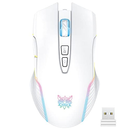 PHNIXGAM RGB Backlight Rechargeable Wireless Gaming Mouse for PC, White | Ergonomic mouse, up to 3600 DPI, 7 non-programmable buttons, works with Vista/Linux/Mac, 2.4G USB included