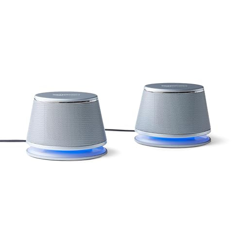 Amazon Basics Stereo 2.0 Computer Speakers with LED Lights for PC, Laptop or Desktop, Volume Control, 3.5mm Aux Input, USB-Powered, Silver, 1 Pair - color: Silver, size: 1 Pair