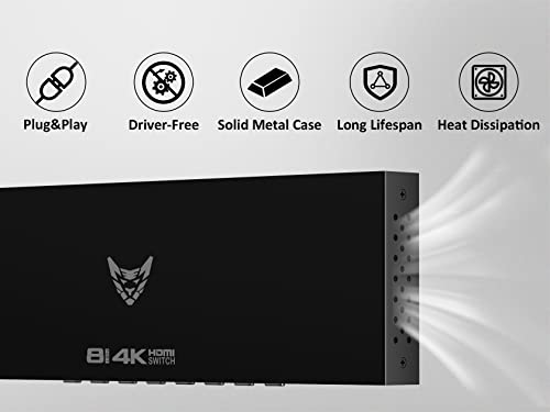 8 Port 4K HDMI Switcher Box IR Remote Control PC PS4 Xbox | 4K@30Hz 3D ultra HD audio video sync selector with durable metal housing & cooling - size: 8x1 4K@30HZ