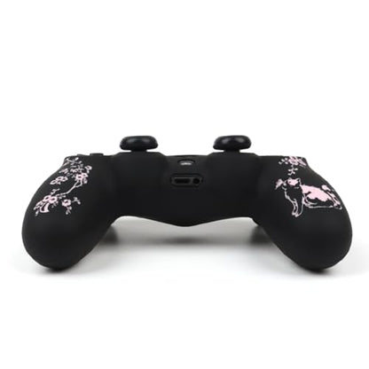 Cat Among Blossoming Branches Design Controller Skin Cover with 2 Thumb Grips Compatible with PS4/Playstation 4 Slim/Pro Controller - color: Cat Black Pink