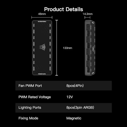 ARGB and PWM Fan HUB,8 Ports for Addressable RGB Lighting with PWM,1 to 8 Multi Way Magnetic backplane Splitter 5V/3PIN ARGB Case Fan Hub Adapter Black