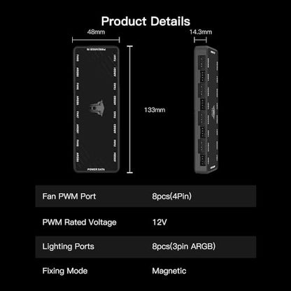 ARGB and PWM Fan HUB,8 Ports for Addressable RGB Lighting with PWM,1 to 8 Multi Way Magnetic backplane Splitter 5V/3PIN ARGB Case Fan Hub Adapter Black