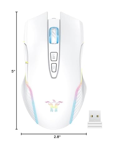 PHNIXGAM RGB Backlight Rechargeable Wireless Gaming Mouse for PC, White | Ergonomic mouse, up to 3600 DPI, 7 non-programmable buttons, works with Vista/Linux/Mac, 2.4G USB included