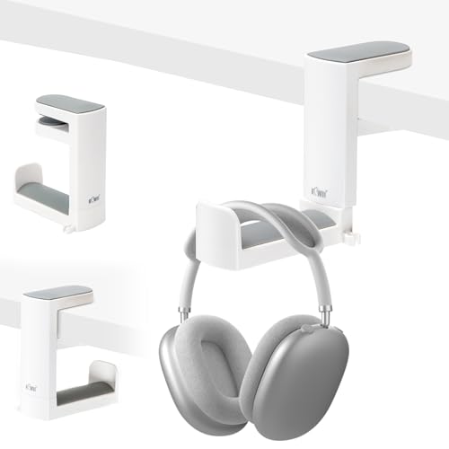 KIWIFOTOS Headphone Stand Holder Under Desk, PC Gaming Headset Hook Hanger Mount with 360 Adjustable Rotating Arm Clamp & Built in Cable Clip - White | Fits 0.4-1.6" desks, 2.4" headbands. 360° arm swivels. Built-in cable clip. Soft silicone pad. White. L