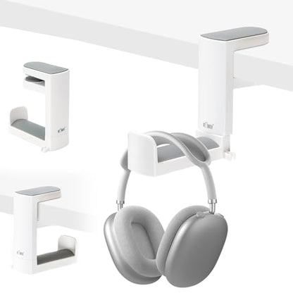 KIWIFOTOS Headphone Stand Holder Under Desk, PC Gaming Headset Hook Hanger Mount with 360 Adjustable Rotating Arm Clamp & Built in Cable Clip - White | Fits 0.4-1.6" desks, 2.4" headbands. 360° arm swivels. Built-in cable clip. Soft silicone pad. White. L