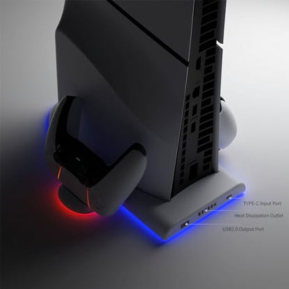 ECHZOVE PS Slim Cooling Station with RGB Lights High-Speed Cooling Fan & Controller Charging Dock, DualSense Charger Stand for P5 Slim Console, Space-Saving Stand