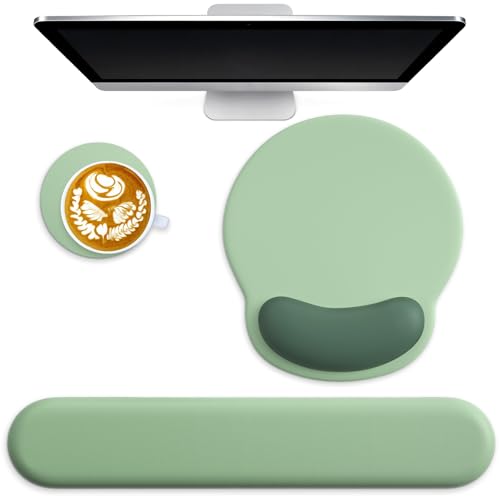3 in 1 Ergonomic Mouse Pad and Keyboard Wrist Rest with Coaster Set-Green | Cute Large Mousepad with Gel Wrist Support for Gaming Computer Laptop Women Office Home Desk Decor - color: A2-Green