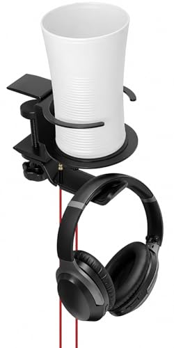 Foldable Aluminum Under Desk Headphone Hanger with Cup Holder, 2-in-1 Clamp-on Headset Stand & Drink Holder, Heavy Duty Gaming Headphone Hook for Office, Home, Gaming Desk - Black