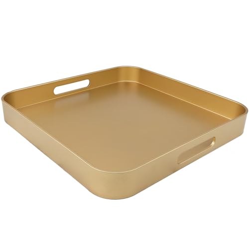 Square Gold Decorative Serving Tray with Handles, Versatile Ottoman Tray for Coffee Table, Entertaining, Outdoor Patio, Living Room, 13”*13”*1.6” - color: S-gold, size: 13" x 13" x 1.6"