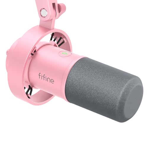 FIFINE AmpliTank K688P XLR/USB Dynamic Microphone, Vocal Podcast Mic | Streaming Microphone with Shock Mount, Mute Button, Gain Knob, Headphones Monitoring, for Recording Voice-Over, Video, Pink - color: Pink (No Boom Arm Included)