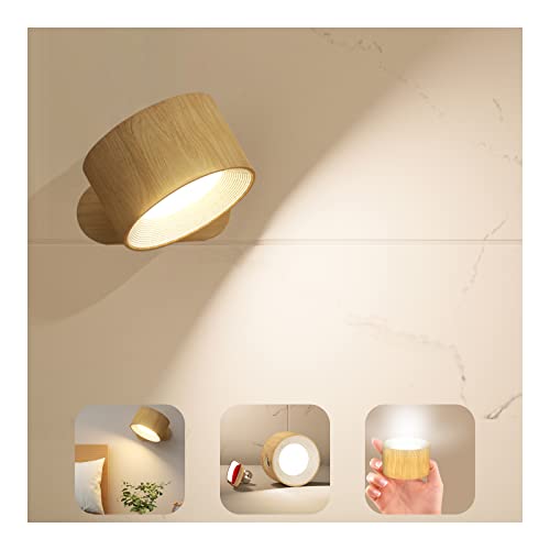 Koopala LED Sconces, Wall Mounted Lamps with Rechargeable Battery Operated USB Port 3 Color Temperatures & 3 Brightness Levels 360°Rotate Magnetic Ball, Cordless Lights for Reading Bedside - color: Wood-A