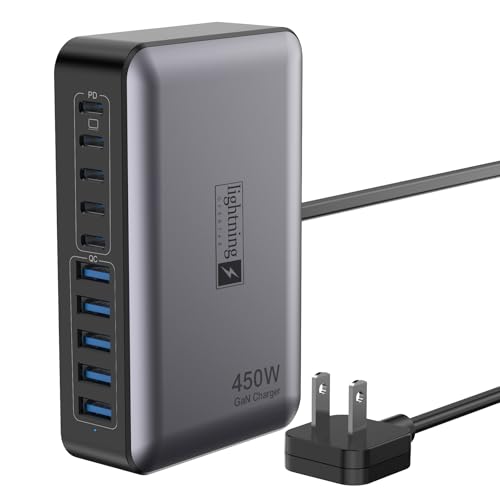 USB C Charger Block 10 Ports, 450W USB Charging Station for Multiple Devices, 5 Type C + 5 USB A GaN PD Charger Hub, Compact Power Brick Super Fast Charging for MacBook, Ipad, iPhone, Samsung - color: Flat Charger 450W Black