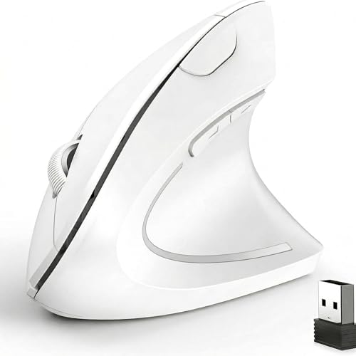 Ergonomic Vertical Wireless Mouse Stylish Rechargeable 2.4G Optical Mice Cordless Mouse with USB Receiver, 800/1200 /1600 DPI, 5 Buttons for Laptop,PC,Mac,Computer (White) - color: White