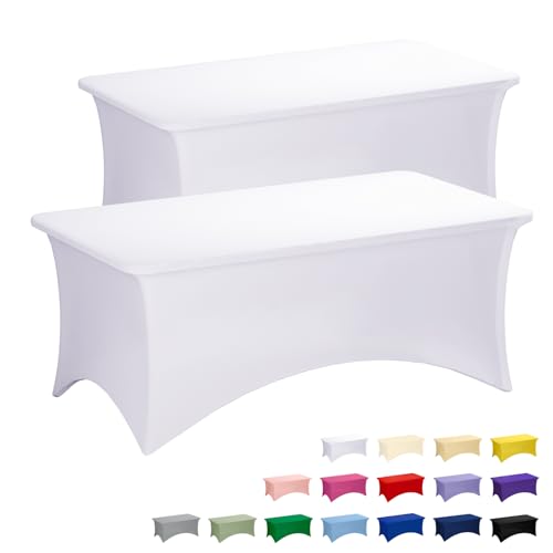 Fixwal White Tablecloth 2 Pack 6FT for Rectangular Table Spandex Fitted Table Covers Washable Stretch Table Cloth for Party, Trade Show, Banquet, Wedding, Buffet, Graduation and Birthday - color: White, size: 6 Ft