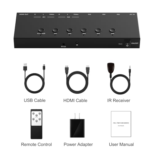 Dingsun 5In-1Out Converter, 3 Way HDMI 2.0 to HDMI Switcher + 2 Way RCA to HDMI Converter for Fire Stick，ROKU, N64, NGC, Wii, PS2/3/4/5, Xbox Series, Xbox ONE, Switch ect. - style: 5in-1out(2*RCA +3*HDMI to HDMI)Converter