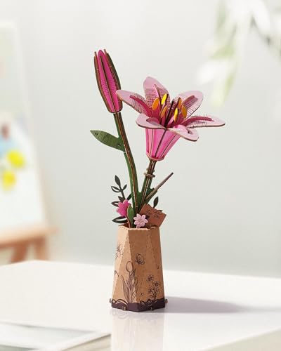 3D Flower Wooden Puzzles for Adults-Pink Lily, DIY Wooden Flowers Model Kit Building Set Crafts Birthday Gifts Women, Artificial Botanical Collection Creative Gift Ideas/Housewarming (73PCS) - style: TW - Pink Lily