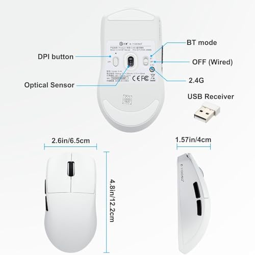 E-YOOSO Wireless Bluetooth Mouse, Rechargeable Mouse, 26000 DPI Gaming Mouse Wired, Superlight Ergonomic, Software Supported, Redefinable Macro Buttons Work Mouse for Laptop and PC/Mac - White - color: Tri-Mode White Mouse