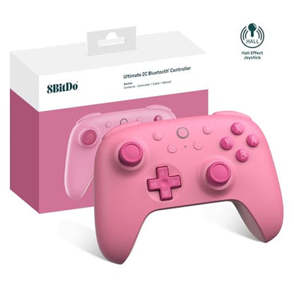 8Bitdo Ultimate 2C Bluetooth Controller for Switch/Switch 2 (Pink) | Hall Effect Joystick Update, Remappable L4/R4 Bumpers, 6-axis Motion Control, Rumble Vibration and Turbo Function - color: Pink