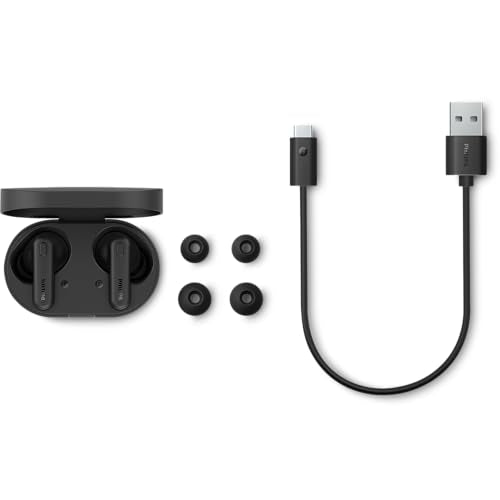 Philips TAT1108 Wireless Earbuds,True Wireless Headphones,Powerful Bass with 6 mm Driver,Clear Call with AI Mic,15-Hour Battery Life,Bluetooth v5.3,IPX4 Rating,Ergonomic Design for Comfort,Black - size: With tips, style: Ear Tip