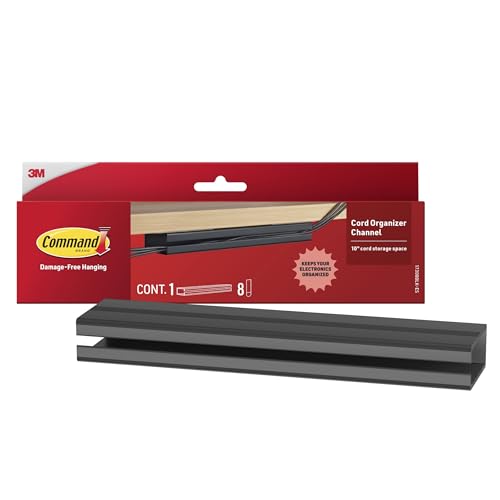 Command Cord Organizer Channel, 1 Channel with 8 Strips, 10" Cord Storage Space, Black, Great for Damage-Free Electronics Organization Under Desk or Wall Mount - color: Black