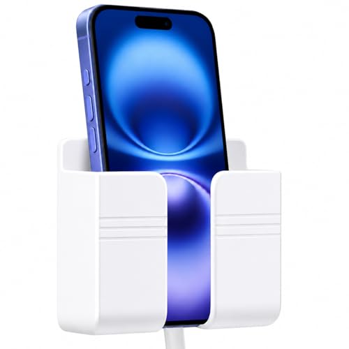 Wall Phone Holder, Adhesive Phone Wall Mount with Cable Hole, Bathroom Bedside Kitchen RV Phone Holder Compatible with iPhone, Android Phones and Remote Controls (White) - color: White