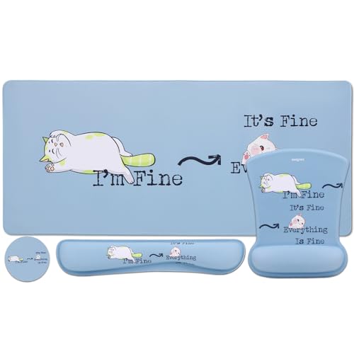 MEGREZ 4-in-1 Mouse Pad with Wrist Rest Ergonomic Memory Foam Desk Mat Set | ergonomic, anti-slip base, 4pcs set, desk pad, mouse wrist rest, keyboard rest, coaster, ideal for office & gaming - color: Haze Blue