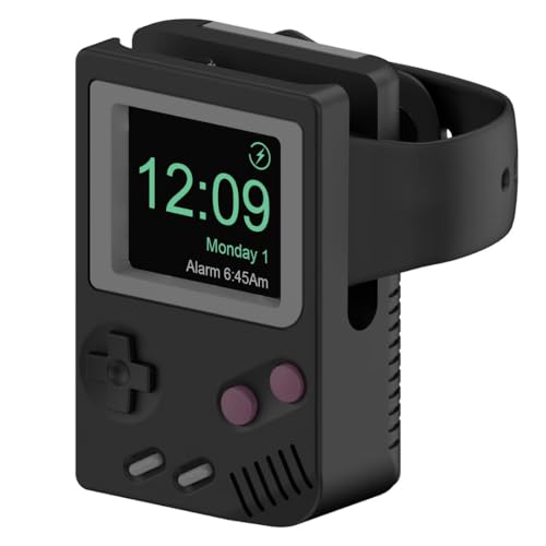 iWatch Stand Compatible for SE, Series 10/9/8/7/6/5/4/3/2/1 (49mm, 46mm, 45mm, 44mm,42mm) Silicone Charging Dock Holder, Supports Nightstand Mode, Game Console Design (Classic Black) - color: Classic Black