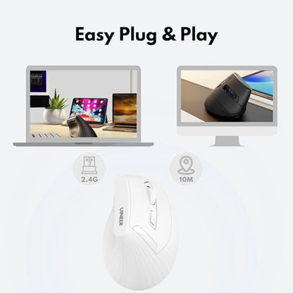 Uineer Ergonomic Vertical Mouse, 2.4G Wireless Mouse, Rechargeable, 4-DPI | Right-handed vertical design with 2.4G USB-A connection, rechargeable battery and visible battery level. - color: White