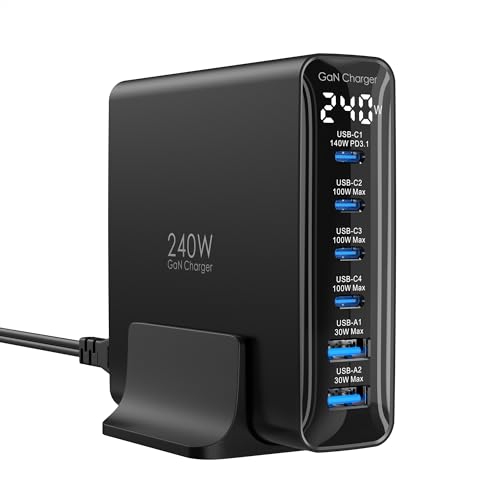 TOPADRE 240W USB C Charger with Display,6 Ports Charging Station | Laptop GaN Desktop Charger,140W Fast Charging Block for MacBook, iPad, iPhone 17/16, Galaxy S25/S24, Dell XPS and More - color: Black