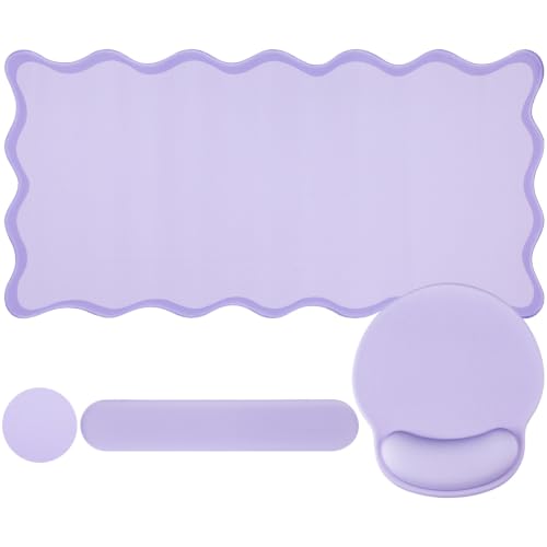 Sabary Scalloped Desk Mat Keyboard Mouse Pad Set Purple Large Cute Aesthetic Preppy Table Mat Keyboard Wrist Rest Mouse Pad with Wrist Rest Coaster Ergonomic Non-Slip Waterproof Gaming Desk - color: Purple, size: 35.5 x 15.7 Inch
