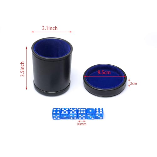 PU Leather Dice Cup with Lid, Blue Velvet Interior Quiet Dice Shaker Cup Including 6 BlueTranslucent Dice for Liars/Farkle/Yahtzee Games, 1 Pack - color: Dark Blue