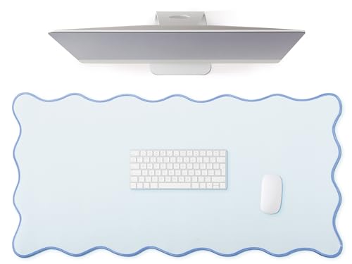 Hahafelt Scalloped Desk Mat Large Desk Pad Cute Coquette Table Mat Back to School Preppy Table Make up Pad Nonslip Graduation Gift with Stitching Waterproof Gaming(Blue,36 x 17 Inches) - color: Blue, size: 36 x 17 Inches