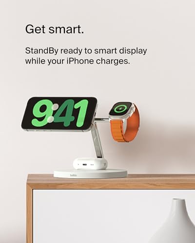 Belkin MagSafe 3 in 1 Wireless Charging Stand, 2nd Gen, 33% Faster | Apple Watch, iPhone 16/15/14, AirPods compatible, multi-device charging station, faster charging, Magnetic - color: White, style: Chrome Finish