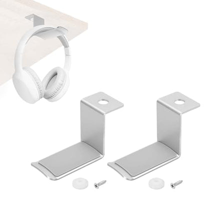 HARFINGTON 2pcs Headphone Holder Stand Aluminum Headset Hook Headphone Clip Under Desk Hanger with Washer and Screws for Bedrooms Study Libraries Offices, Silver (5cm) - color: Silver