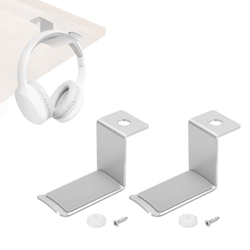 HARFINGTON 2pcs Headphone Holder Stand Aluminum Headset Hook Headphone Clip Under Desk Hanger with Washer and Screws for Bedrooms Study Libraries Offices, Silver (5cm) - color: Silver