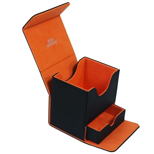 AEGIS GUARDIAN Card Deck Box with Dice Tray for MTG Cards, Commander Deck Box fit 150+ Sleeved Cards, PU Leather Card Storage Box Strong Magnet Deck Game Case for TCG CCG, Black and Orange - color: 10-2