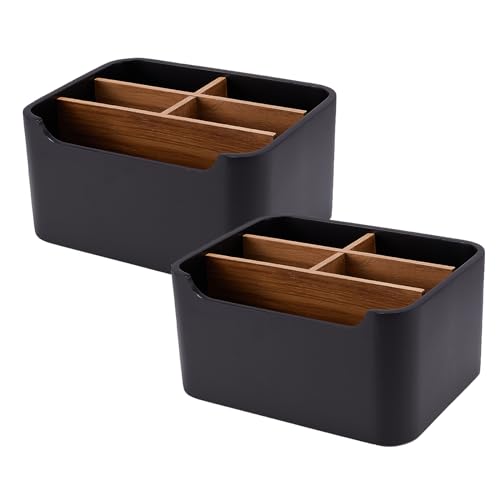 2 Pack Remote Control Holders, Desk Organizers with Dividers,Black | Set of 2 resin and wood organizers with dividers for remotes, pens, glasses, and media devices on desk, table, or nightstand - color: BLACK, size: 2 Pack