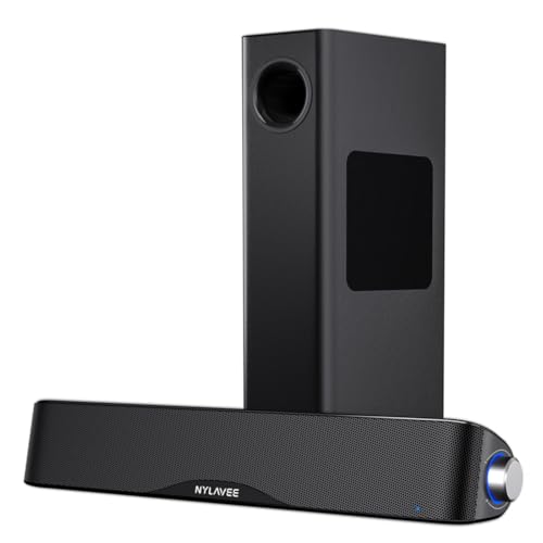 Nylavee Computer Speakers with Subwoofer, 2.1 PC Soundbar, Bluetooth 5.4 | 60W Peak Power, AC Adapter Powered with 3.5mm AUX for Desktop PCs, Laptops and Monitors