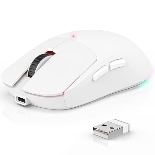 Bluetooth Wireless Gaming Mouse for MacBook Air PC iPad Pro, Ergonomic Rechargeable Laptop Mice with Jiggler Mode, 8000DPI RGB Computer Mouse Wired/Bluetooth 5.3/2.4G USB 3 Mode Connect - White