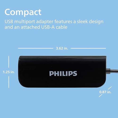 Philips 4-Port USB 2.0 Hub with 480 Mbps Data Transfer, Data USB Hub | Perfect for Travel, for MacBook, iMac, Surface, External Hard Drives, Flash Drives, Keyboard, Mouse, Black, SWL3923B/37 - style: USB-A to 4 Port USB