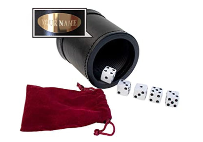 Alex Cramer Golden Gate Dice Shaker Cup Set - 5 White Dice, Drawstring Pouch & Book of Dice Games (Liar’s Dice) Included - Leather Dice Cup - Quiet Shaking. - style: Personalized Cup-black Liner