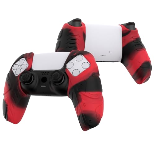 PlayVital Mecha Edition Red & Black Ergonomic Soft Controller Silicone Case Grips for ps5, Rubber Protector Skins with Thumbstick Caps for ps5 Controller - Compatible with Charging Station - color: Red & Black