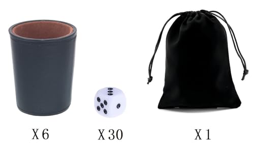 Leather Dice Cup, Quite Felt-Lined Interior, 6 Shaker Cups and 30 Dot Dices, one Carry Bag (Black and Brown) - color: Black and Brown