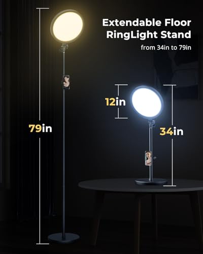Aureday 12” Ring Light with Stand and Phone Holder, 79” Tall LED Circle Light with Weighted Base & Remote, Dimmable Floor Lamp for Video Recording, Barber, Live Stream, Makeup, Photography - size: 79in