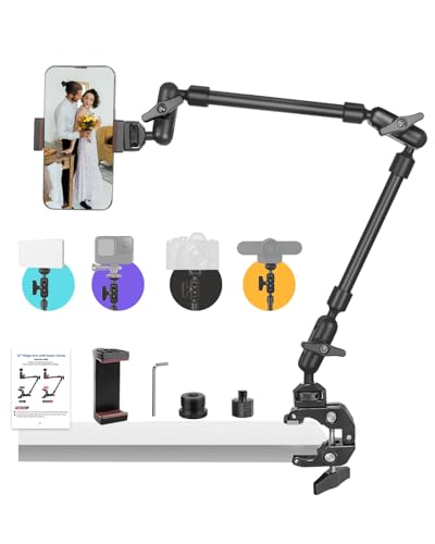 22" Magic Arm w Clamp, Overhead Phone Mount, Desk Camera Mount w Articulating Friction Boom Arm Thread Adapter, for Phone Video Light Webcam Microphone Action Camera Content Creators - size: 22IN-BK