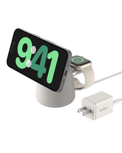 Belkin Qi2 15W Wireless Charging Dock, 2 in 1 Fast iPhone Charger | iPhone 17/16/15/14/13, AirPods, Qi2-enabled devices compatible, power adapter included, desk dock - color: Sand, style: Latest Gen