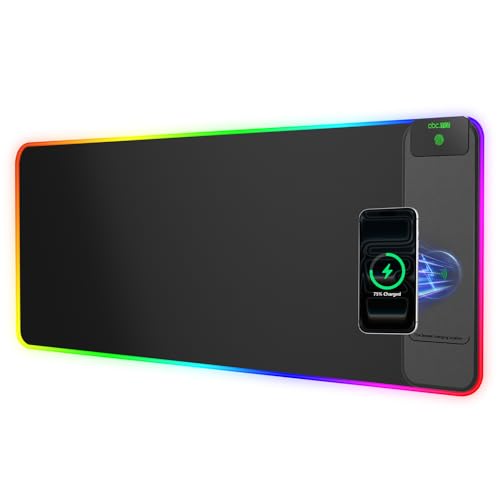 Wireless Charging Mouse Pad Gaming, 31.5"x11.8" Large Desk Mat, Waterproof | RGB Mousepad, Smooth Glide, Stitched Edge, Non-Slip Rubber Base, Desk Pad Computer Keyboard Mat, No Adapter - color: RGB-31.5"x11.8"-Right