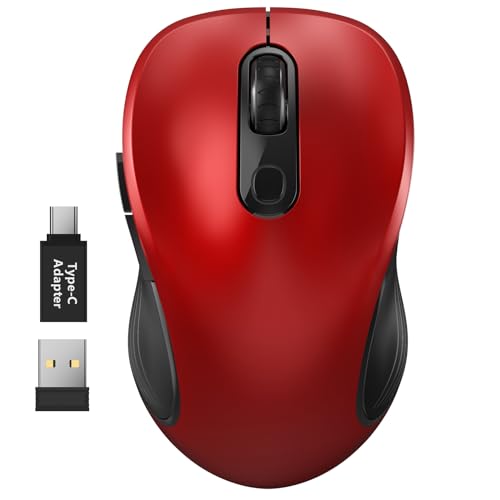 WisFox 2.4G Wireless Mouse for Laptop, Ergonomic Computer Mouse with USB Receiver and Type-C Adapter, 6 Button Cordless Mouse Wireless Mice for Windows Mac PC Notebook (Red) | 2.4GHz Wireless, 3 DPI Levels, Type-C Adapter, Plug & Play, Quiet, Wireless Mic