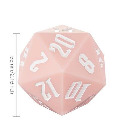 55mm Silicone D20 Dice, Large D20 Single 20 Sided DND Dice | Soft & Comfortable Touch, Perfect Bouncer, Stress Relief, Compatible with Dungeons and Dragons RPG Party Games - color: Pink W/White Numbers