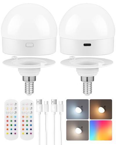Rechargeable Light Bulbs with Remote Control, 2 Pack E12 Base Battery Operated Light Bulbs, 3 Timer 15 Colors Selectable, Dimmable Wireless RGB LED Bulb for Lamp, Non-Hardwired, R08YBP205 - size: E12 Base - RGB